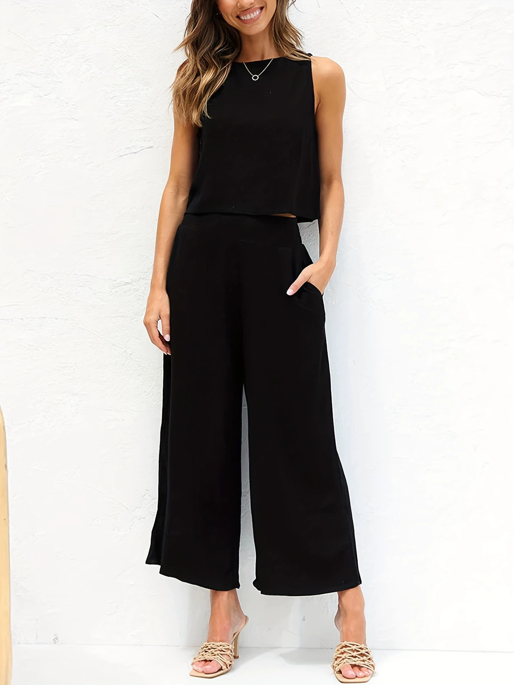 ZARA Women Summer Casual Sleeveless Button Crop Top Wide Leg Pants Set